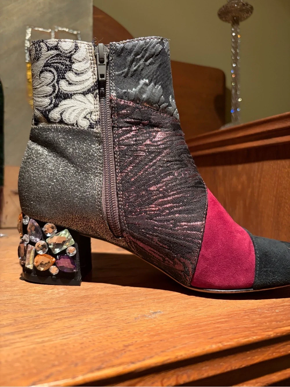 Anthro Bettye Muller Suede, Metallic Brocade and Rhinestone Heeled Booties